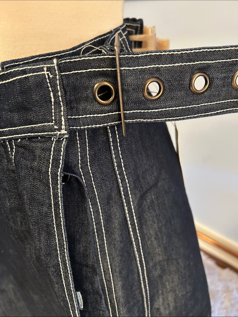 Pilcro Dark Indigo Denim A-Line Midi Skirt with Contrast Stitching - Picture 3 of 6